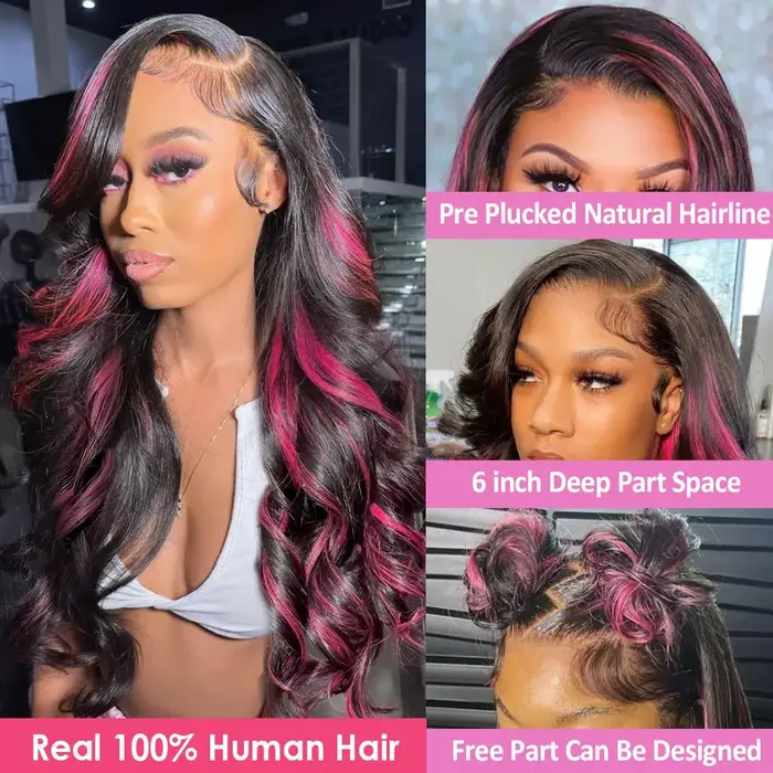Perruque Lace Front 13x4 Ombrée Rose et Noire en Cheveux Humains, avec Mèches Rayées Rose, Perruque 