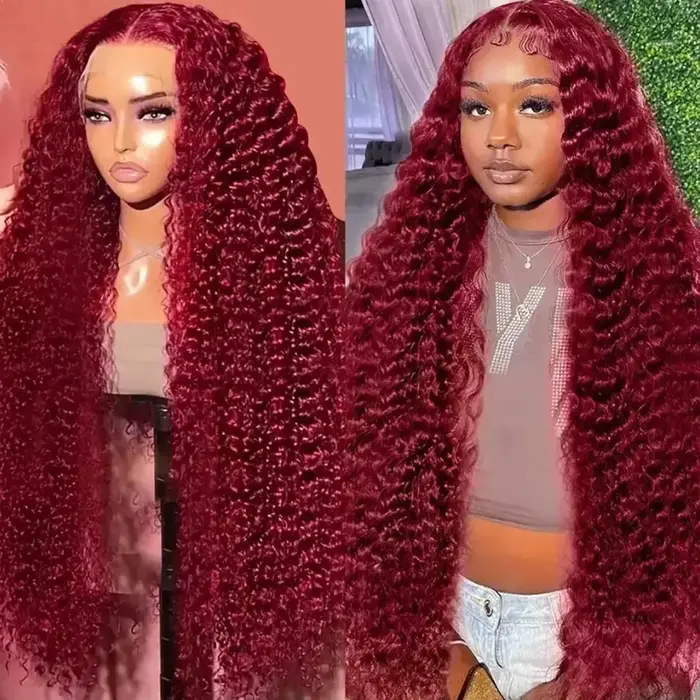 Perruques Lace Front HD 13x6 en Cheveux Humains, Ondulation Profonde Bourgogne 99J, Dentelle Transpa