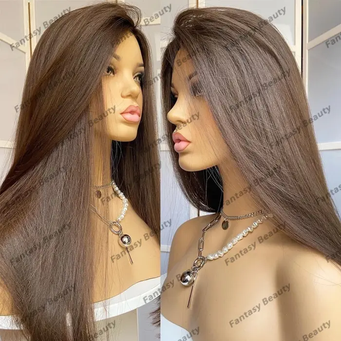 Perruques Lace Front Synthétiques Douces et Soyeuses, Cheveux Lisses, Brun Miel localité, Ligne de C