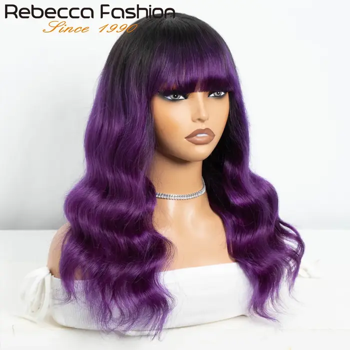 22 "T1B/violet corps vague perruques de cheveux humains avec frange frange mettre et aller brésilien