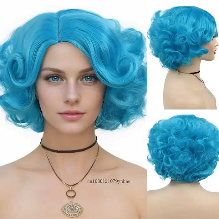 Perruques synthétiques courtes et bouclées bleues pour femmes et filles
