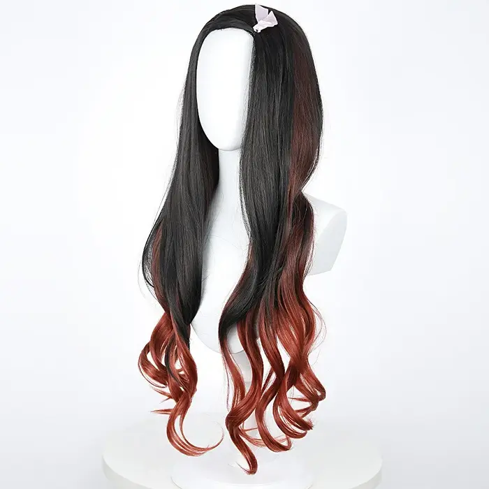 Perruque de cosplay Nezuko anime à cheveux longs bouclés, couleur dégradée noir et rouge foncé, 30 p