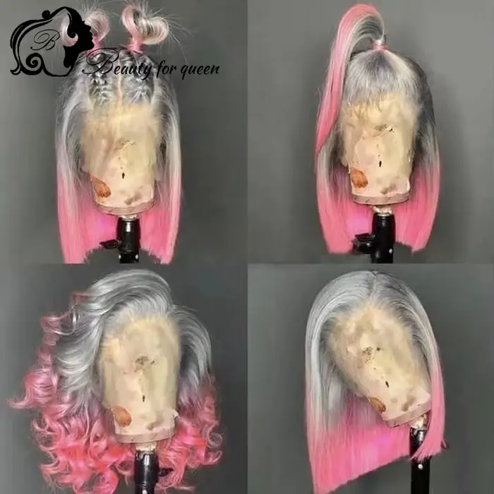 Miel Blonde Ombre 60 rose bleu violet couleur 13x4 dentelle avant perruques de cheveux humains pour femme jaune vert