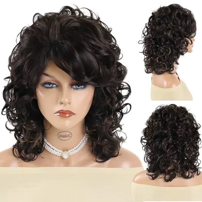 Perruque synthétique brune bouclée volumineuse avec frange pour femme