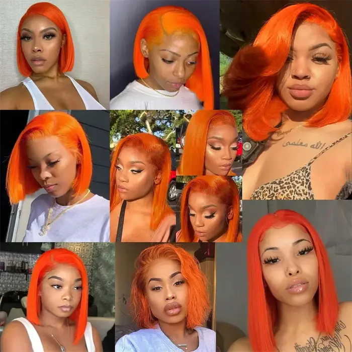 Perruque Bob Courte Sans Colle 613 Orange Gingembre, Perruque Frontale HD en Dentelle, Cheveux Humai