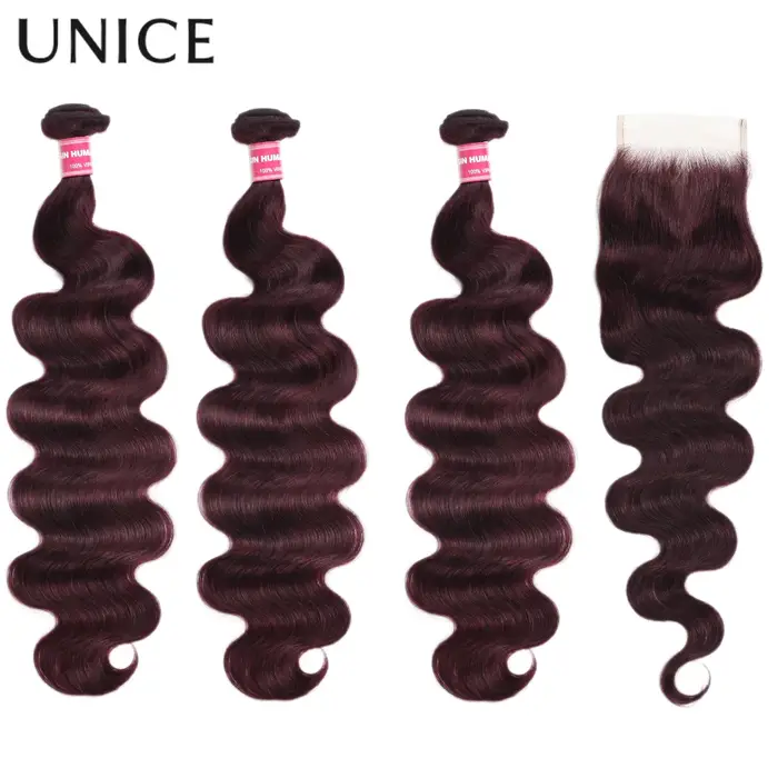 UNice noir cerise corps vague paquets 2/3/4 pièces avec 1 PC 4x4 pouces dentelle fermeture pré color