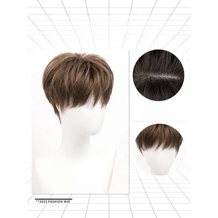 Perruque synthétique homme brun clair – Couvre-chef complet avec couronne partiellement divisée de style coréen –