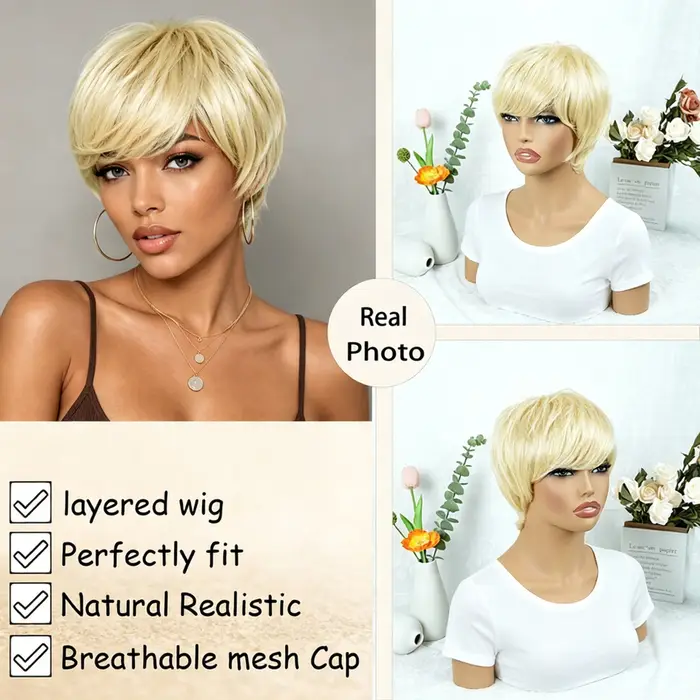 Perruques blondes en cheveux humains coupés style pixie pour femmes