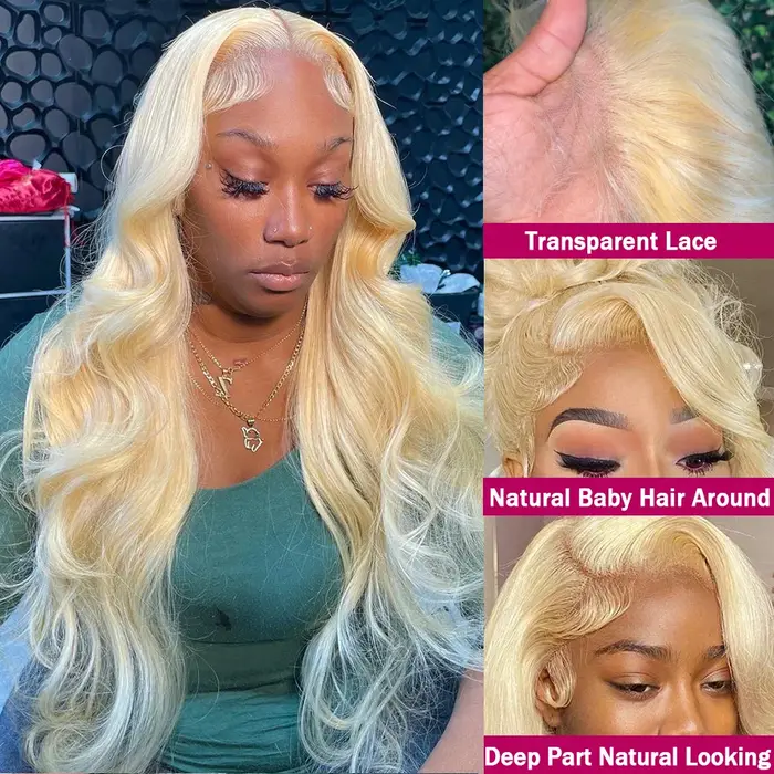 Wiggogo Perruque frontale en dentelle HD 613 Body Wave 13X6 13X4 30 38 pouces Blonde Transparente en