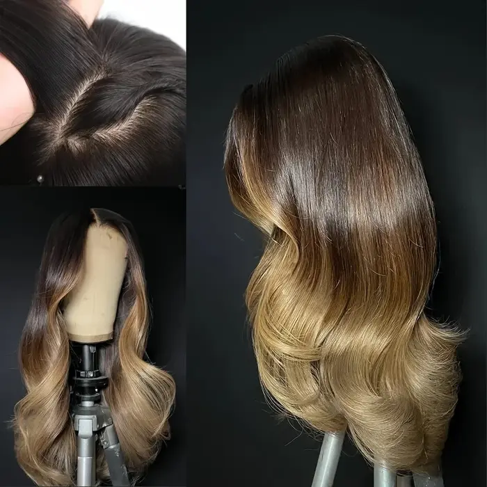 Perruque en cheveux humains juives sans colle, longue, blonde ombrée, 24 pouces, ondulée douce, base