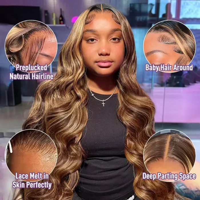 Perruque Lace Front Wig Body Wave brésilienne naturelle, cheveux humains à reflets colorés, 13x6 Hd,