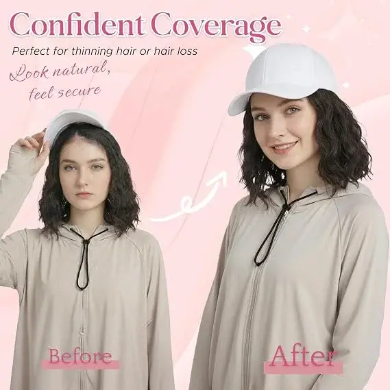 Perruque, casquette de baseball avec cheveux attachés pour femmes, perruque ajustable avec cheveux synthétiques résistants à la chaleur, 6 pouces, casquette de baseball avec cheveux