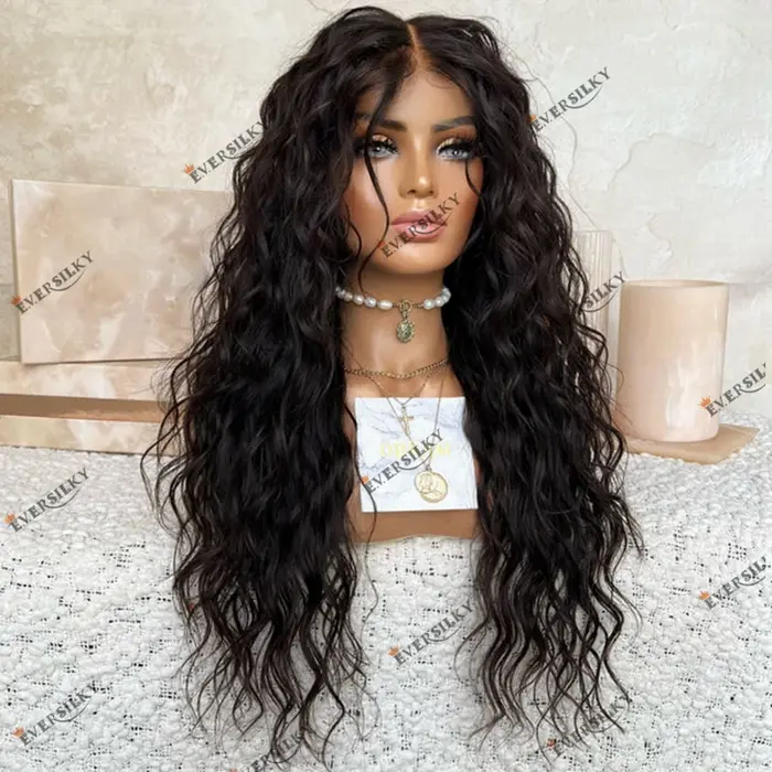 Perruque Lace Closure Wig Indienne Naturelle Ondulée, Cheveux Noirs, 5x5, 13x6, Densité 200, Partie 