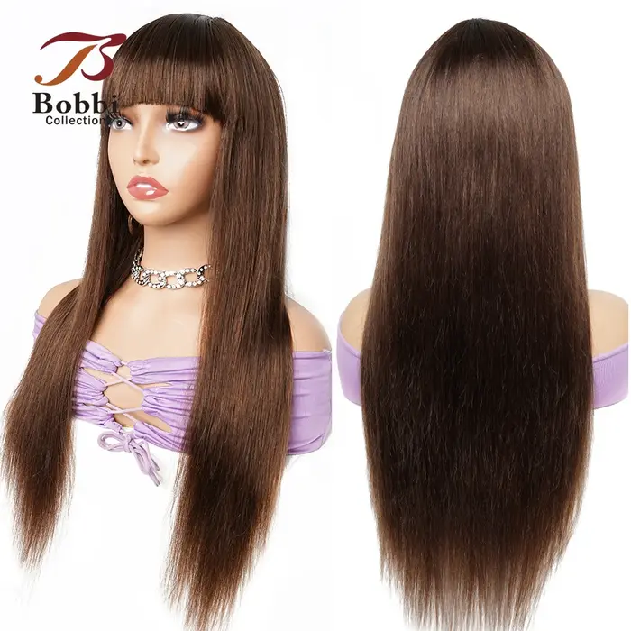 Perruques de cheveux 100% humains, perruque complète avec frange, marron, lisse, faite à la Machine, avec frange, Collection Bobbi