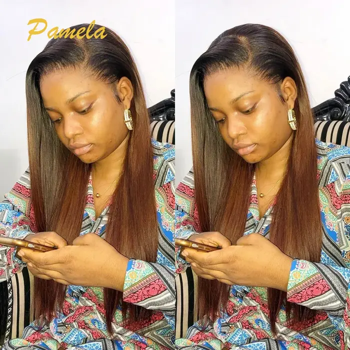 Perruque Lace Frontal Wig naturelle sans colle, cheveux lisses, ombré 1b/4 colorés, prêts à porter, 