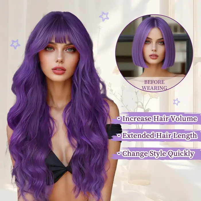 Perruque synthétique violette de 26 pouces avec de grandes vagues pour Halloween