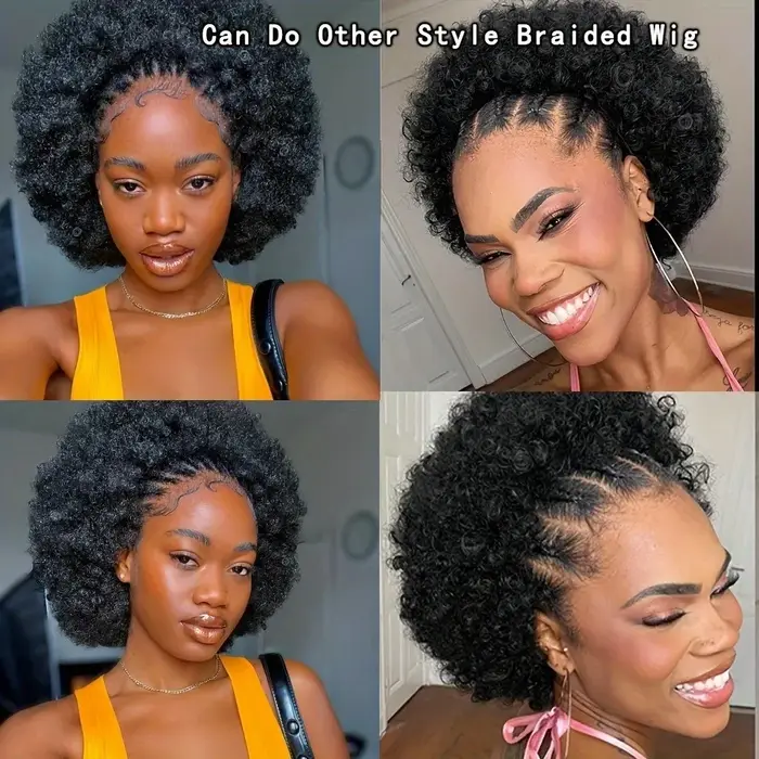 Perruque coupe lutin de densité 150%, cheveux humains vierges brésiliens, 13x4, Lace Front transparente, Afro, crépus et bouclés, Style Bob court
