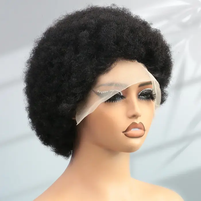 Perruque courte afro naturelle coupe pixie en cheveux humains, perruque frontale en dentelle transpa