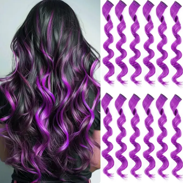 6 Pièces Extensions de Cheveux Noirs 22 Pouces Bouclées Ondulées Colorées à Clipser pour Enfants Filles Synthétiques – Idéales pour les Fêtes