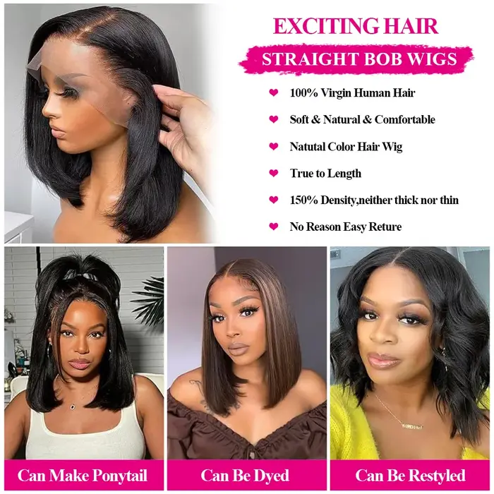 Perruque droite bob sans colle, cheveux humains 100%, dentelle transparente 4x4, prête à porter et p
