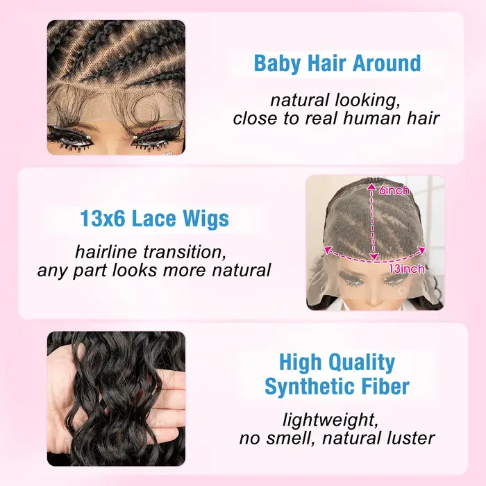 26 pouces synthétique Cornrow tressé perruque 13x6 dentelle frontale bouclés tressage perruque tresses africaines cheveux perruques pour les femmes noires