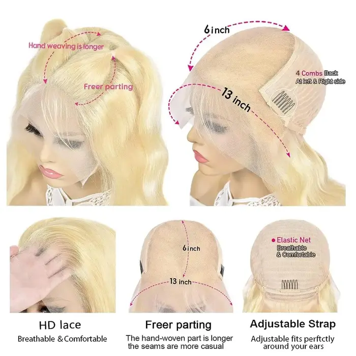 Perruque Cheveux Humains Naturels Blond Platine 613 Ondulés Profonds 13x4 13x6 HD Transparente avec