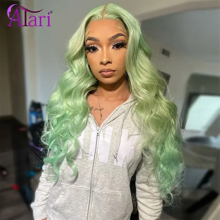 Perruques de cheveux humains Body Wave, vert menthe ombré, perruque droite 613, dentelle transparent