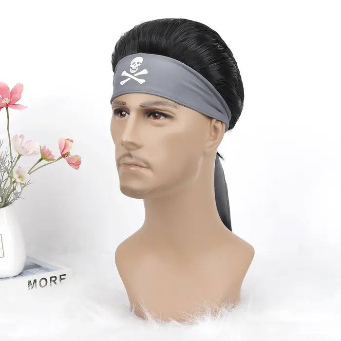 Perruque synthétique de coiffure pirate avec bandana, cheveux noirs courts, aspect naturel pour homm