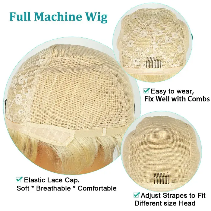 # Perruques en cheveux humains couleur blonde 613, perruque courte blonde avec frange pour femmes, cheveux brésiliens, bonnet fait à la machine, noir/brun/blonde