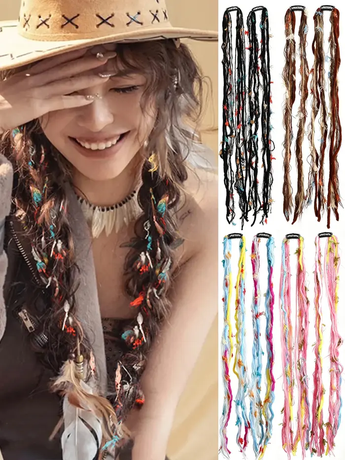 Extensions de cheveux tressées à la main colorées de 24 pouces, à clipser, en cheveux naturels, dreadlocks, accessoires de cheveux bohèmes