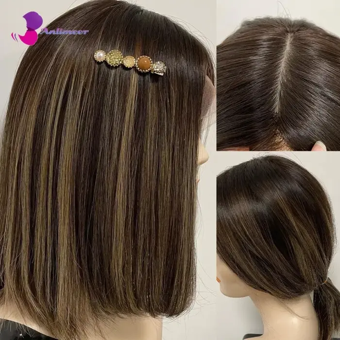 Perruque en cheveux naturels avec base en soie et dentelle frontale, mèches marron cendré clair, mod