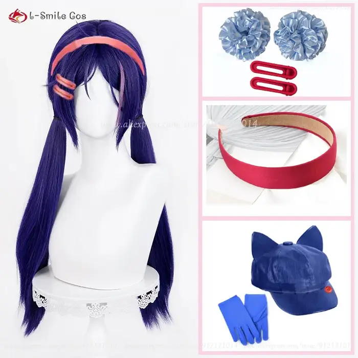 Jeu Mita fou Cosplay perruque 60 cm bleu violet mixte style queue de cheval perruques