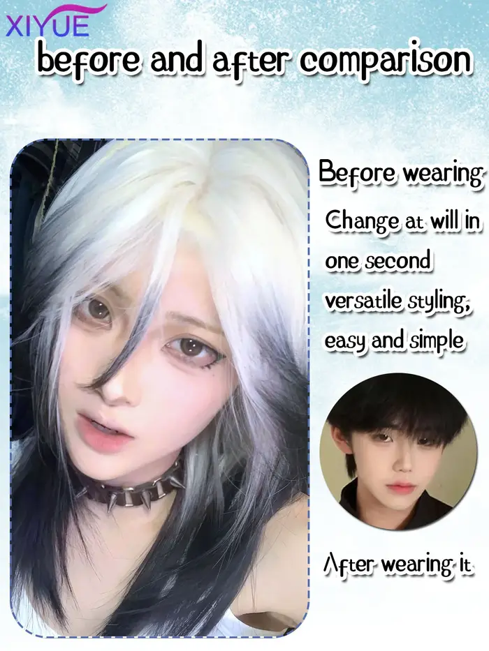 Perruque de Cosplay Synthétique Noire et Blanche Naturelle pour Garçon