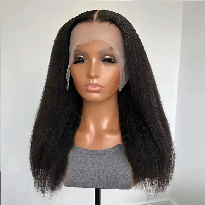 Perruque Lace Front Wig synthétique Yaki noire, 30 pouces, densité 180, perruque lisse et crépue dou