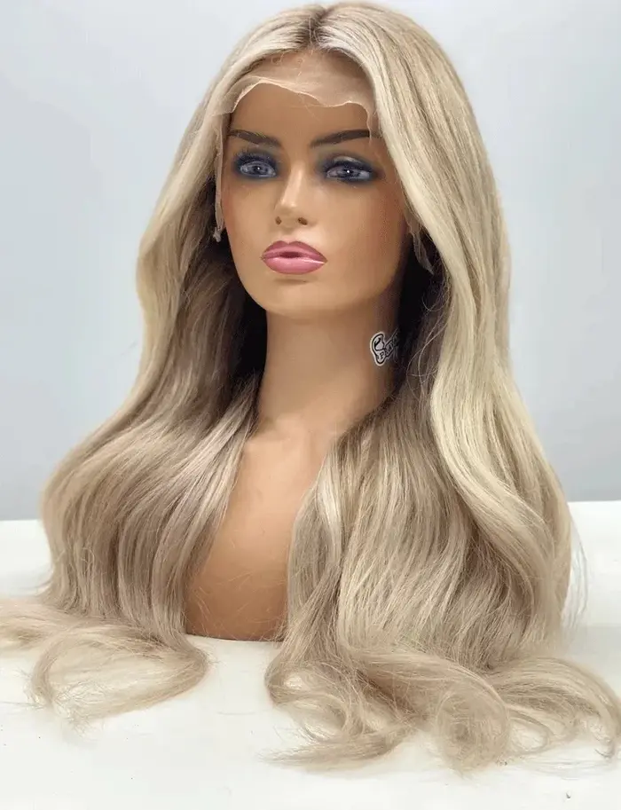 Perruque synthétique longue ondulée ombrée brun cendré blond en fibre Futura, perruque frontale en d