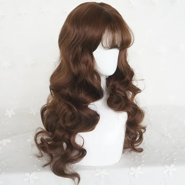 Perruque synthétique longue bouclée ondulée châtain brun avec frange pour femme, style gothique Lolita et usage quotidien, cheveux artificiels réalistes