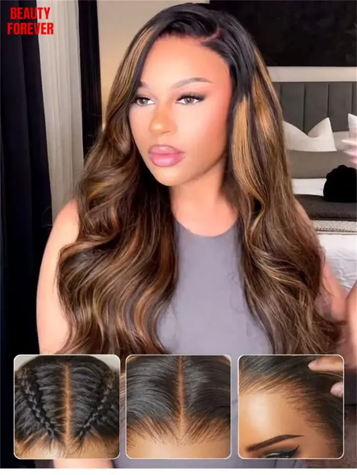 Perruque Beautyforever Balayage Brun Mèches Dégradées Effet Ondulé 7x5 Sans Nœuds Sans Colle Cheveux Humains Naturels