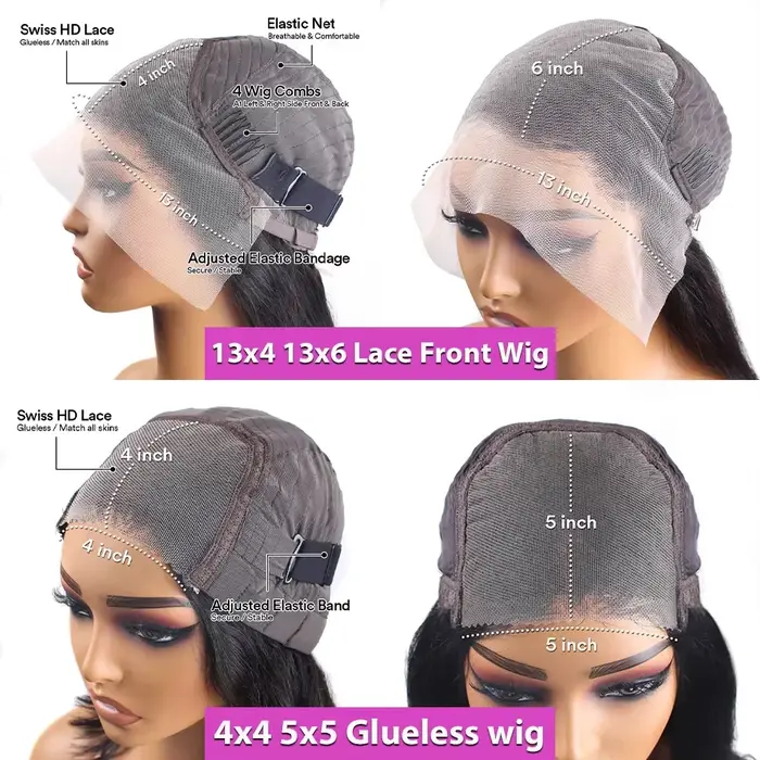 Perruques lisses sans colle en cheveux humains, densité 200%, avec closure 4x4 5x5, prêtes à porter,
