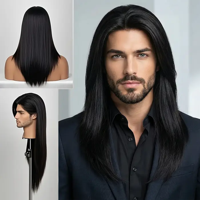 Perruque pour hommes 20 "de long perruque droite noire pour hommes cheveux synthétiques résistants à
