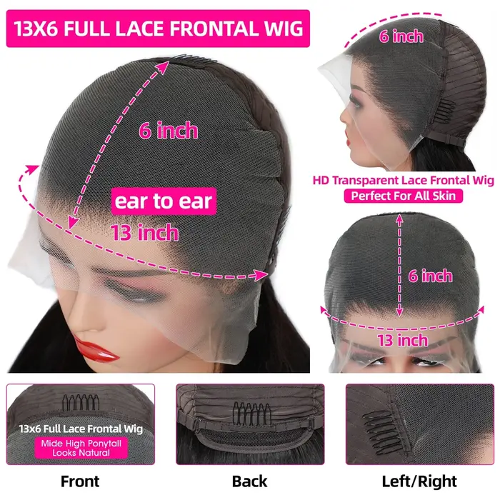 Perruques en cheveux humains lisses de 30 à 40 pouces, perruque frontale en dentelle HD 13x6, densit