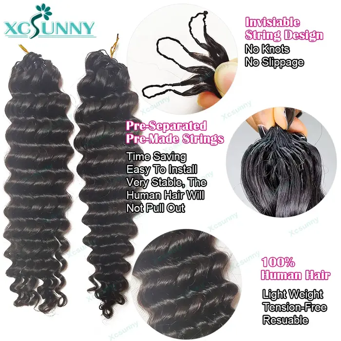 Extensions de cheveux humains bouclés au Crochet, nœud invisible, sans nœuds, pré-séparés avec ficel