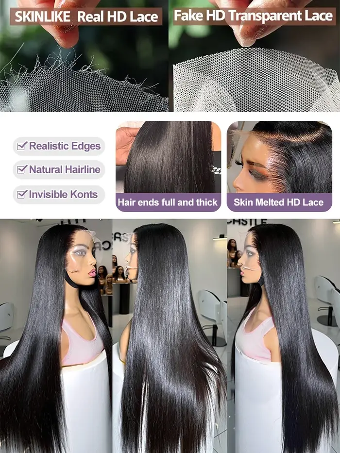 Perruque sans colle 300 densité 40 pouces ultra-lisse, avec dentelle frontale 13x6 13x4 et closure 5