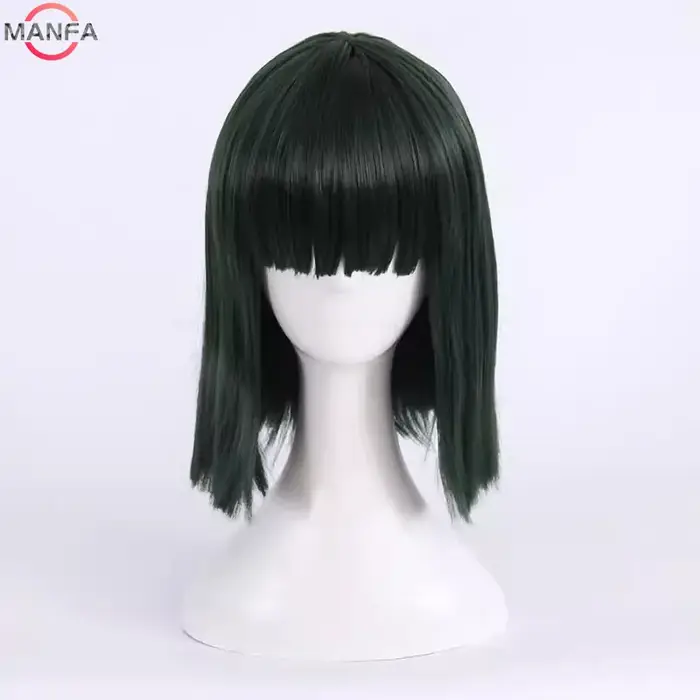 Fubuki Cosplay perruque filles résistant à la chaleur cheveux synthétiques vert profond Bobo perruques + bonnet