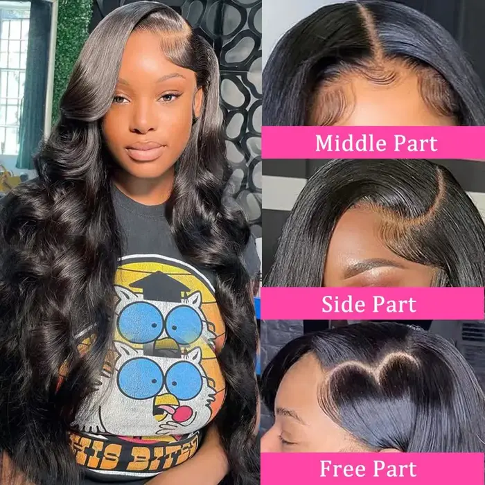 Perruque de cheveux humains Body Wave densité 200, Lace Front HD transparente 13x4, noire, avec Lace