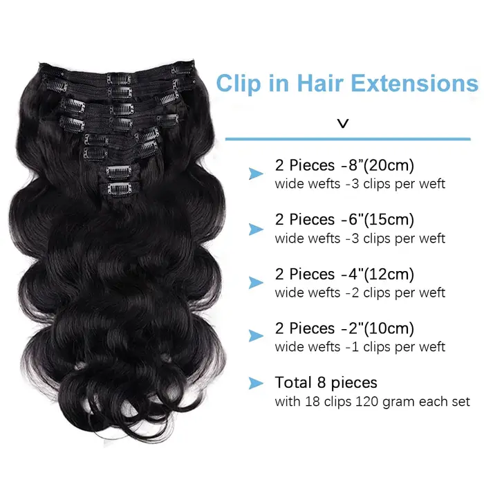 Extensions de cheveux brésiliens naturels Body Wave à clipser pour femmes