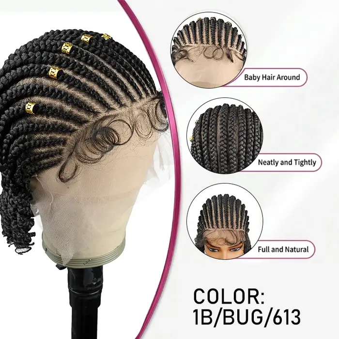 Perruque tressée de 8 pouces, cheveux courts tressés, perruque bob bohème, tresses box braids sans nœuds, tresses cornrows avec pointes bouclées, perruque tressée en dentelle pour femmes