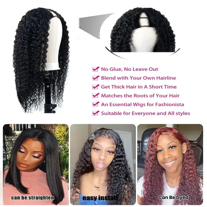 Perruque V-Part 250% Kinky Curly en Cheveux Humains, Sans Tissage apparent, Améliorée, Ondulations P