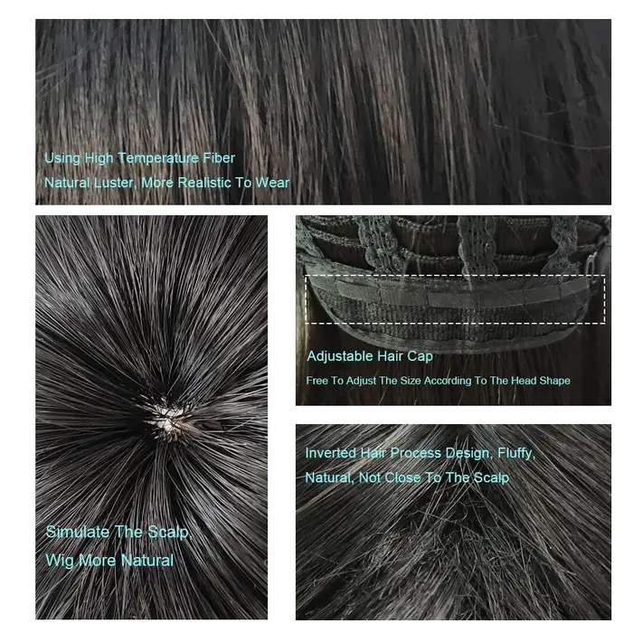 Perruque synthétique courte et lisse noire avec frange pour hommes