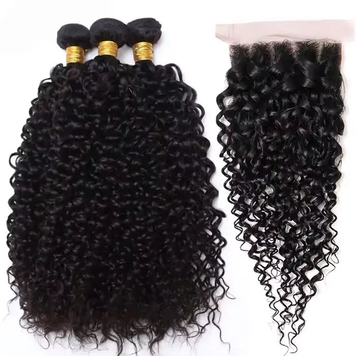 Lot de 3 mèches de cheveux humains bouclés crépus avec closure en dentelle 4x4, extensions de cheveu