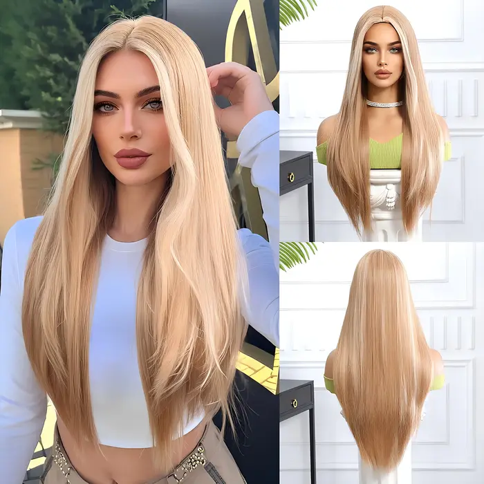 Perruque synthétique dorée avec style long et raide
